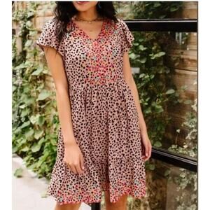 Savanna Jane Animal Print Embroidered Boho Shirt Dress Ruffle Hem Casual Size 1X